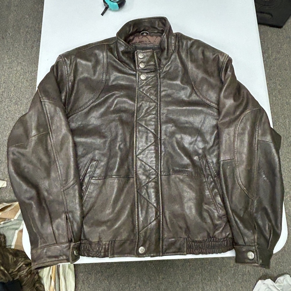 U2 Wear Me Out Leather Bomber Jacket Mens Large Brown Cafe Racer Zip Up A4